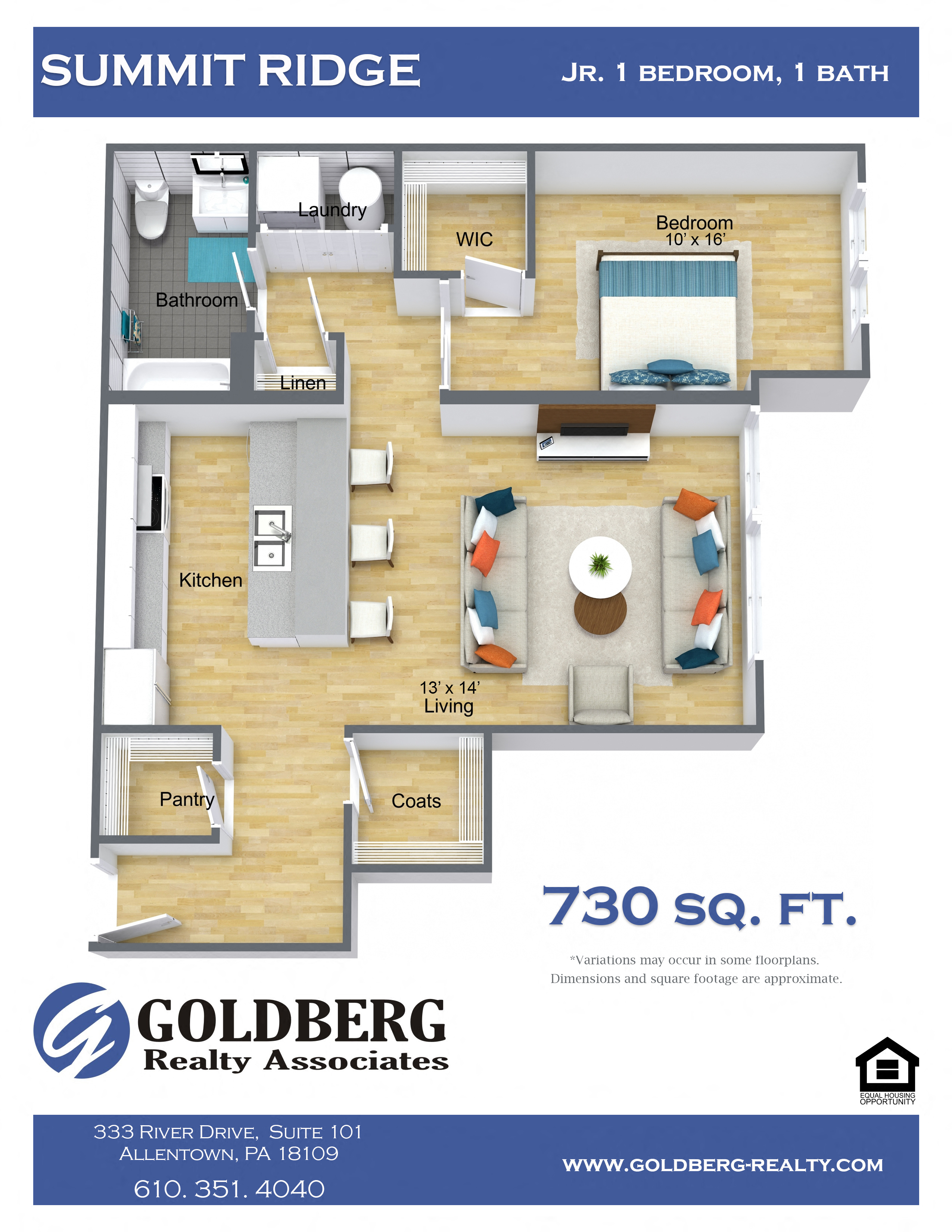 Floor plan for 1 bed, 1 bath, 730 sqft
